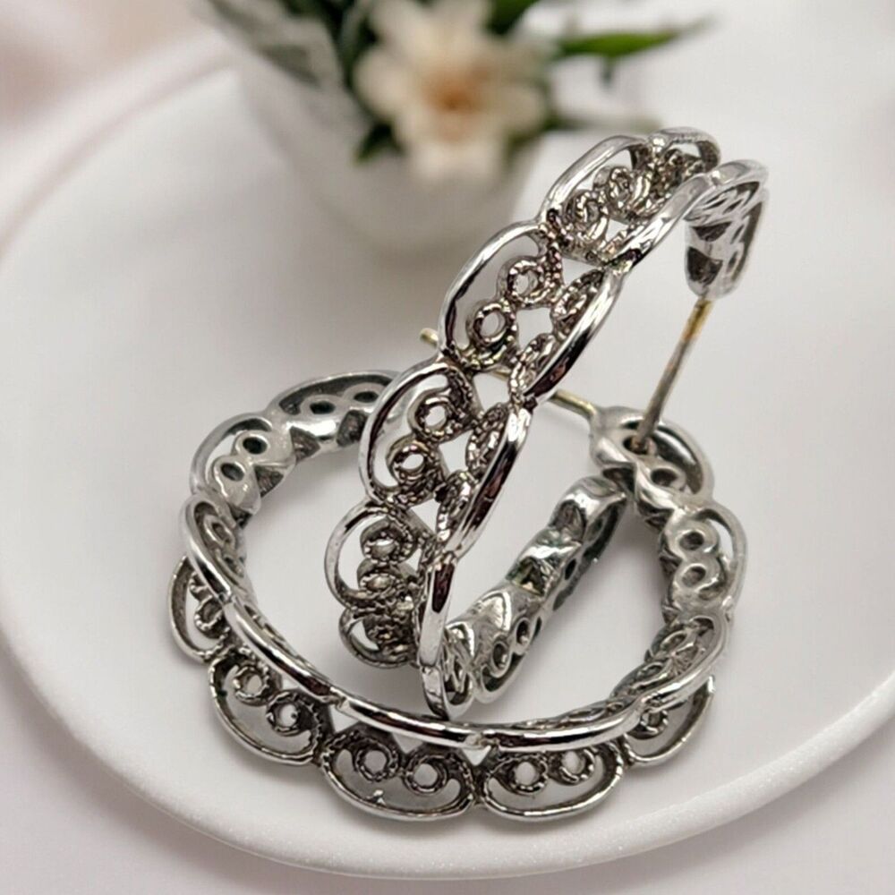Napier Elegant Filigree Scalloped Edge Dimensional 1" Hoop Earrings Silver Tone
